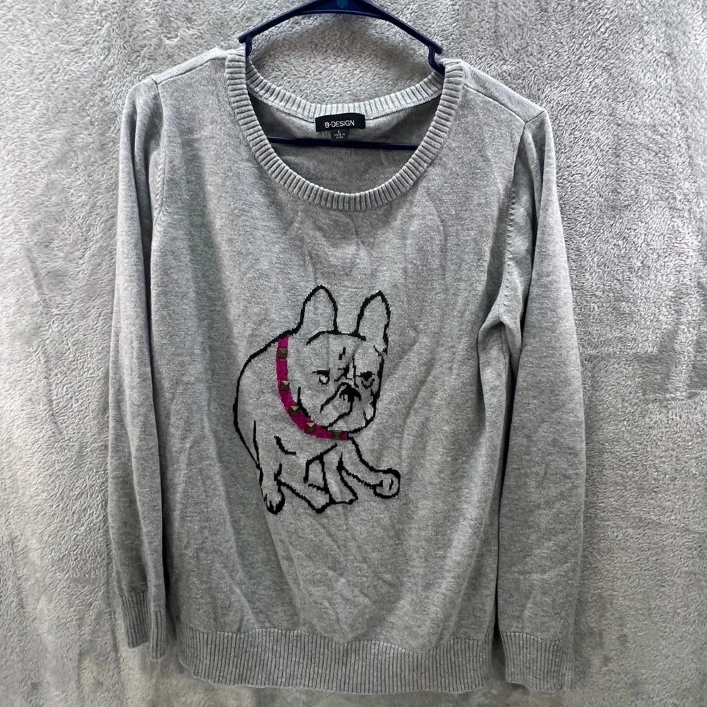 Gray French L Bulldog‎ Graphic Studded Pullover Sweater Punk Pet Frenchie Preppy